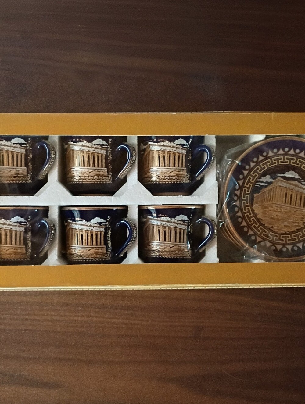 Vntg Lot of 6 V. Stakias Designs 24 Kt Gold/Blue Demitasse Cup/Saucer Set - NIB